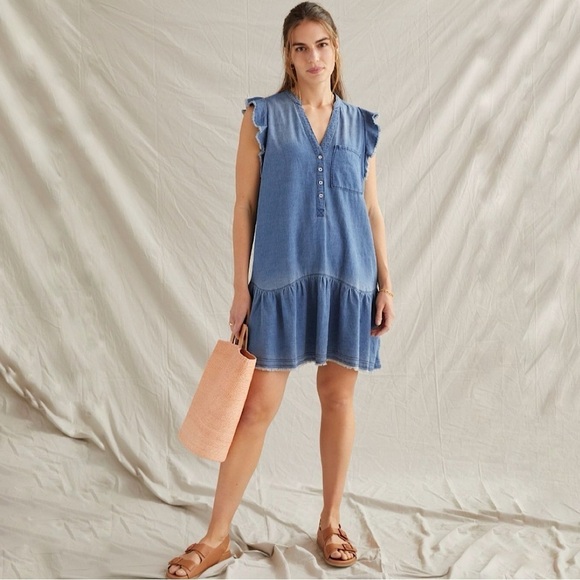 Anthropologie Pilcro Flounced Tunic Chambray Denim Flutter Sleeve Mini Dress XS - Picture 1 of 15